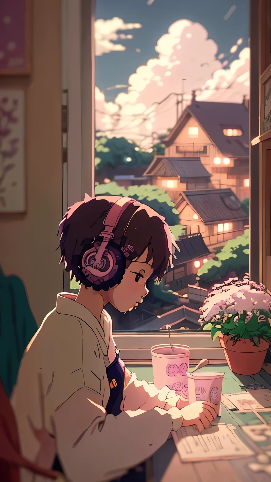 anime style, (Dreamlikeart by Brandon Werfel), (soft focus), Cozy room setting, girl with headphones, [(Lofi Beat:1.3)|ambient music], (Anime Art), [(Cherry Blossoms|Bookshelf:0.5)], [Reflective surface:0.8], [(pastel colors:1.2)|Calm Colors], [(attention to detail:1.1)], [Illustration:0.7], [(studio Ghibli style:1.4)], (anime character design), [Window Light], [(Satoru Shadow:0.9)], [(calm atmosphere:1.2)|calm atmosphere], [(pixiv the popular:1.2)], [(Anime Community Approved:1.1)], [(Anime Expo:1.3)], [Ether Glow], [(eyes:1.1)], [(character Illustration:0.8)], [(Soft Art Style)], [(a nostalgic feeling:1.2)], [(Navy Blue Velour Fabric:0.7)], [(Artistic details:1.1)], [(Melancholy Feeling:1.3)], [( pay attention to clothing details :1.2)], [(Hair flow:1.1)], [(unique headphone design:1.2)], [(Vibrant background elements:1.1)], [(Anime genre:praise:1.4)], [(Popular on DeviantArt:1.1)], [(inspired by Makoto Shinkai:1.2)], [(Cyberpunk Infusion:0.9)], [(rainy day atmosphere:1.2)], [(Subtle blur:1.1)], [( Anime Girl Poses :0.9)], [(Artistic Expression:1.2)], [(Color harmony:1.1)], [(Sad feeling:1.2)], [(Detailed room decoration:1.1)], [(Popular on Artstation:1.1)], [(Illustration challenge entry:1.3)] , 1girl
