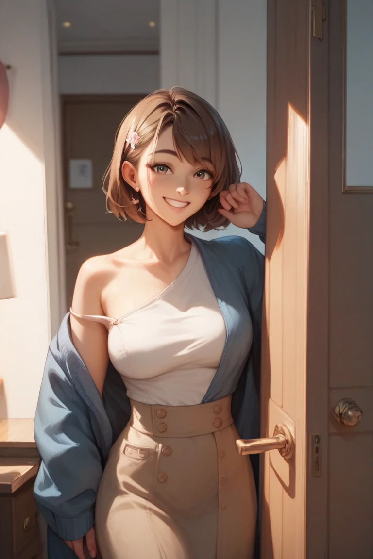 One Woman, alone, middle aged, Beautiful woman、I could see the whole body、 ((short hair)), ((Brown eyes, Beautiful eyelashes, Realistic eyes)), ((Detailed face, blush:1.2)), ((Smooth texture:0.75, Realistic texture:0.65, Realistic:1.1, Anime CG style)), Glamorous Body, Big Breasts, Dynamic Angle, Perfect body, ((Purple transparent blouse, Red mini skirt))、(Hotel stairs)、the wind is strong、(Very embarrassing panic smile)、looked back、I can see her ass sticking out in front of me...、Angle looking up from the bottom of the stairs、 (((I can see your whole ass、Pink floral panties)))、((Tabletop, Highest quality, High resolution, Pixel Perfect, 4K,))),