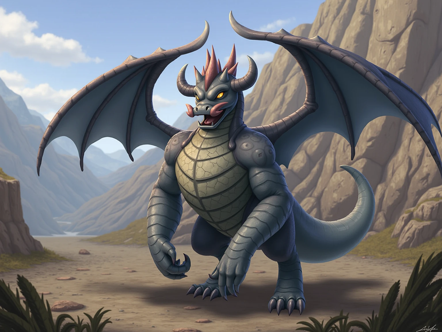 Detailed painting, by Taran Fiddler, dragoness, full body, feral, dainty, friendly, glutonous, colorful, rounded snout, wings, pregnant-like belly, round belly, dominant belly, huge belly, bloated belly, big muscles, wide body, thick body muscles, powerfull muscles, beefy muscles, thick neck, beefy neck, sharp fangs, long and sharp fangs, big feet, long feet, powerfull feet, thick feet, long and sharp claws, tall, enormous, giant, gigantic, gargantuan, kaiju, powerfull look, badass look