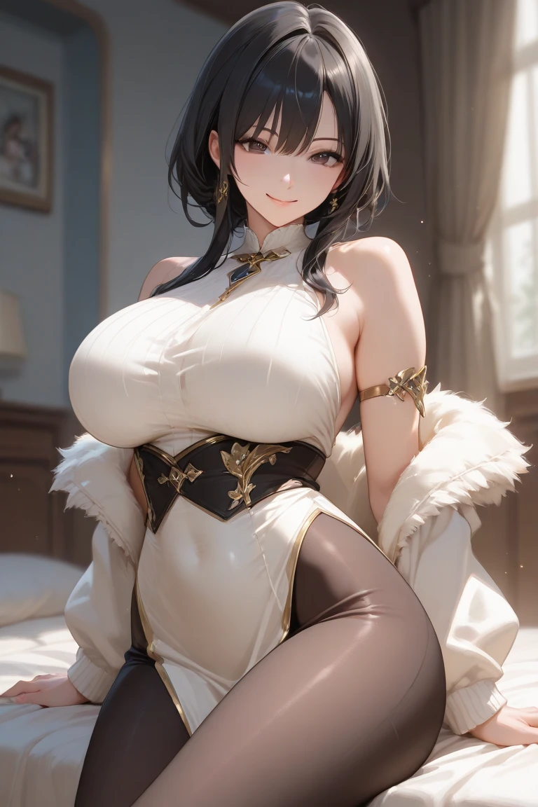 (((absurdres))), (((masterpiece))), (((best quality))), ((ultra-detailed)), ultra high quality, realistic, (real picture, intricate details, depth of field), (1girl, solo), make up, parted lips, highly-detailed, perfect face, (((mature woman, milf))), (large breasts, thick thighs, wide hips, attractive waist), (skindentation), tall, glossy lips, ((toned abdomen)), sexy, blushing, (black hair, blunt bangs, hair bun), necklace, earrings, (beautiful yellow eyes)), ((qipao, pelvic curtain, cleavage, fur jacket, sleeveless, stockings, gloves)), ((jewellery, necklace, hair ornaments, hair accessories, earrings, bracelets)), alluring smile, (((night, chinese city))), ((erotic pose, squatting, spreading legs)),