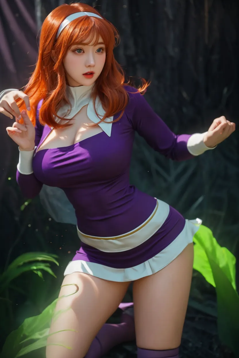 (ultra realistic,32k,RAW photo:1.1),(high detailed skin:1.1), 8k uhd, dslr, high quality, film grain, (makeup, mascara:1.1), lips,(thick\lips\),
(shiny glossy translucent clothing:1.1), 1girl, solo, redhead, (purple eyes:0.8), purple headband, purple dress,long sleeves, green scarf, light purple pantyhose,, huge breast, (upper body:1.1),
(looking at viewer, sitting from below:1.1),,
(busty:1.1) , (chubby:0.1),(refraction:1.1),dark theme, A mountainous location full of jagged rocks and boulders