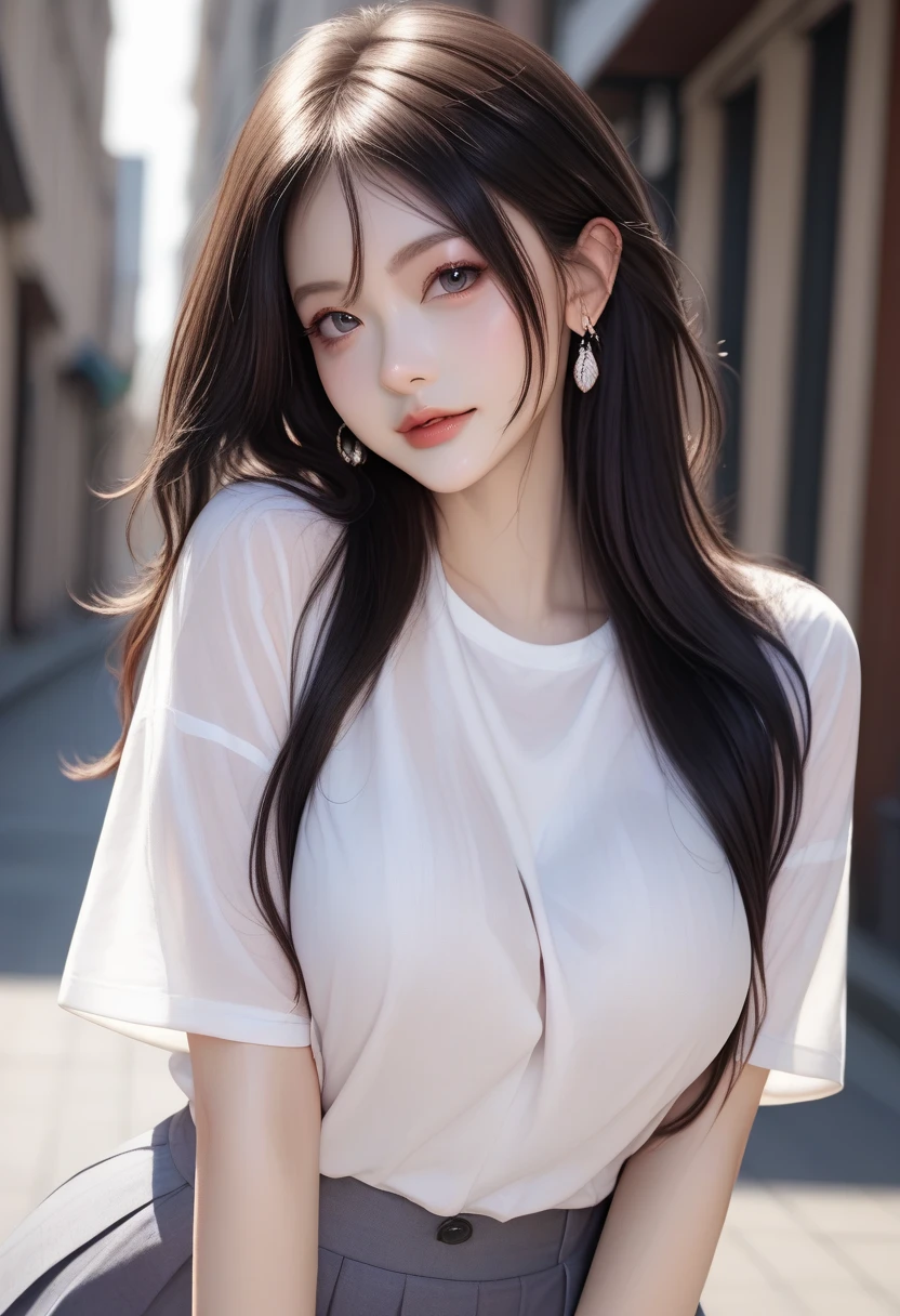 1girl, Solo, High Resolution, Long Hair, Breasts, Brown Hair, Large breasts, Open Mouth, Simple backgroundHyperrealism, Realism, Social Realism, 