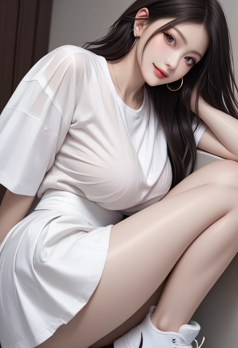 1 girl, standing , seductive smile, Highly detailed facial and skin texture, confident, sexy pose, full body, Solo, Waist up, Beautiful eyes, Close lips, Detailed face, Glowing black long hair, huge breasts, voluptuous, thicc, curvy, Long legs, wearing white Collared shirt on top with tight long black skirt, dim light, ((plain background)), ((plain background)), (((empty background))) (((day)))