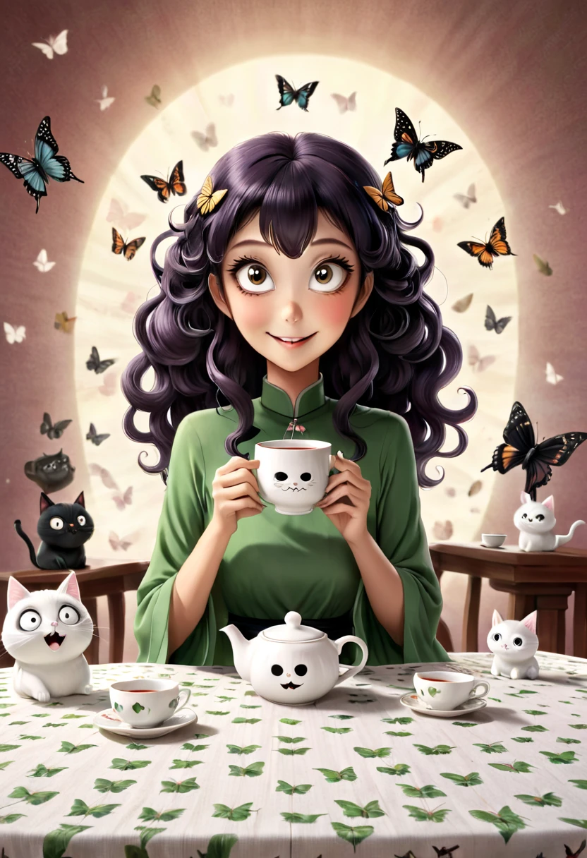 The beautiful Tatsumaki, With her huge eyes she looks amazed and with a big smile while she drinks tea from ceramic cups with ghostly cat shapes while the butterflies flutter around the table and the tablecloth..