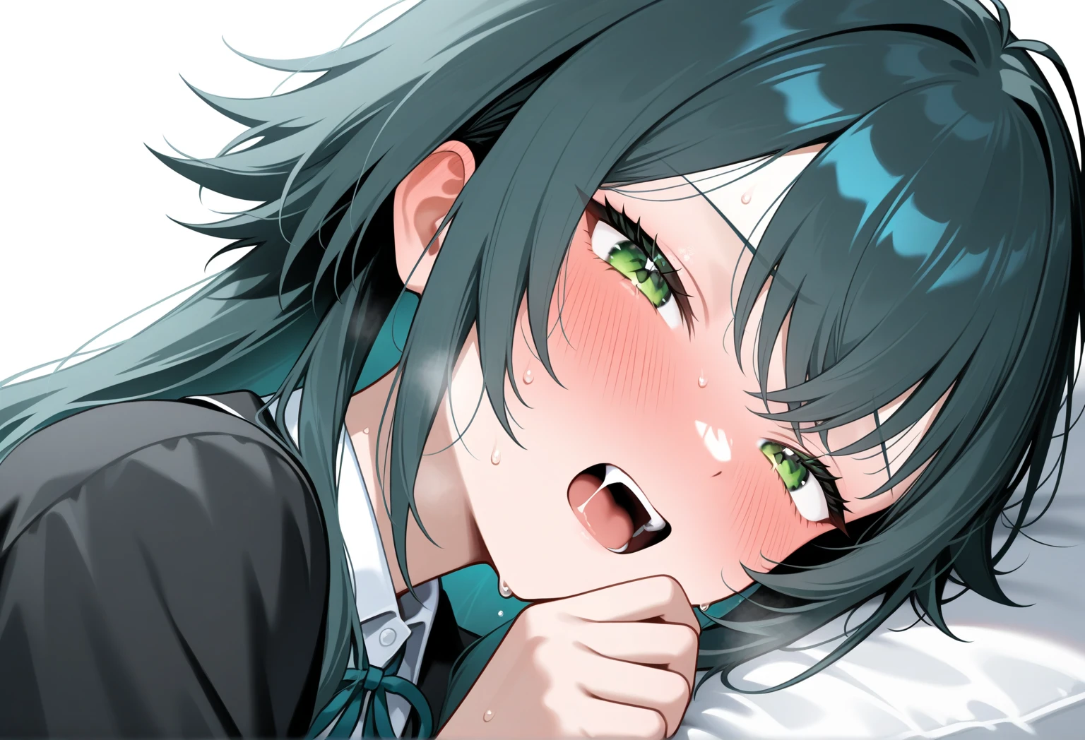 (looking at viewer, open eyes, alone, closeup face, typemoon, official art, ), solo, 1female, crying female, kitchen, embarrassed, hands on cheeks, cool face, front face, on bed, pillow, (masterpiece, ultra detailed, best quality, high res, ultra HD, detailed soft skin, detaled cute kawaii face, ),