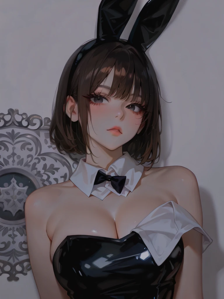 sexy futanari woman, black bunny outfit, black bunny ears, White collar, red bow tie, Black leather corset, (dent in the skin:1.4), showing cleavage, red leather gloves, fishnet stockings, crawling out of the birthday cake, dynamic pose, whole body, runny makeup, after sex, slave, ahegao, vum on breasts, cum om face, licking cum, bukkake, white skin