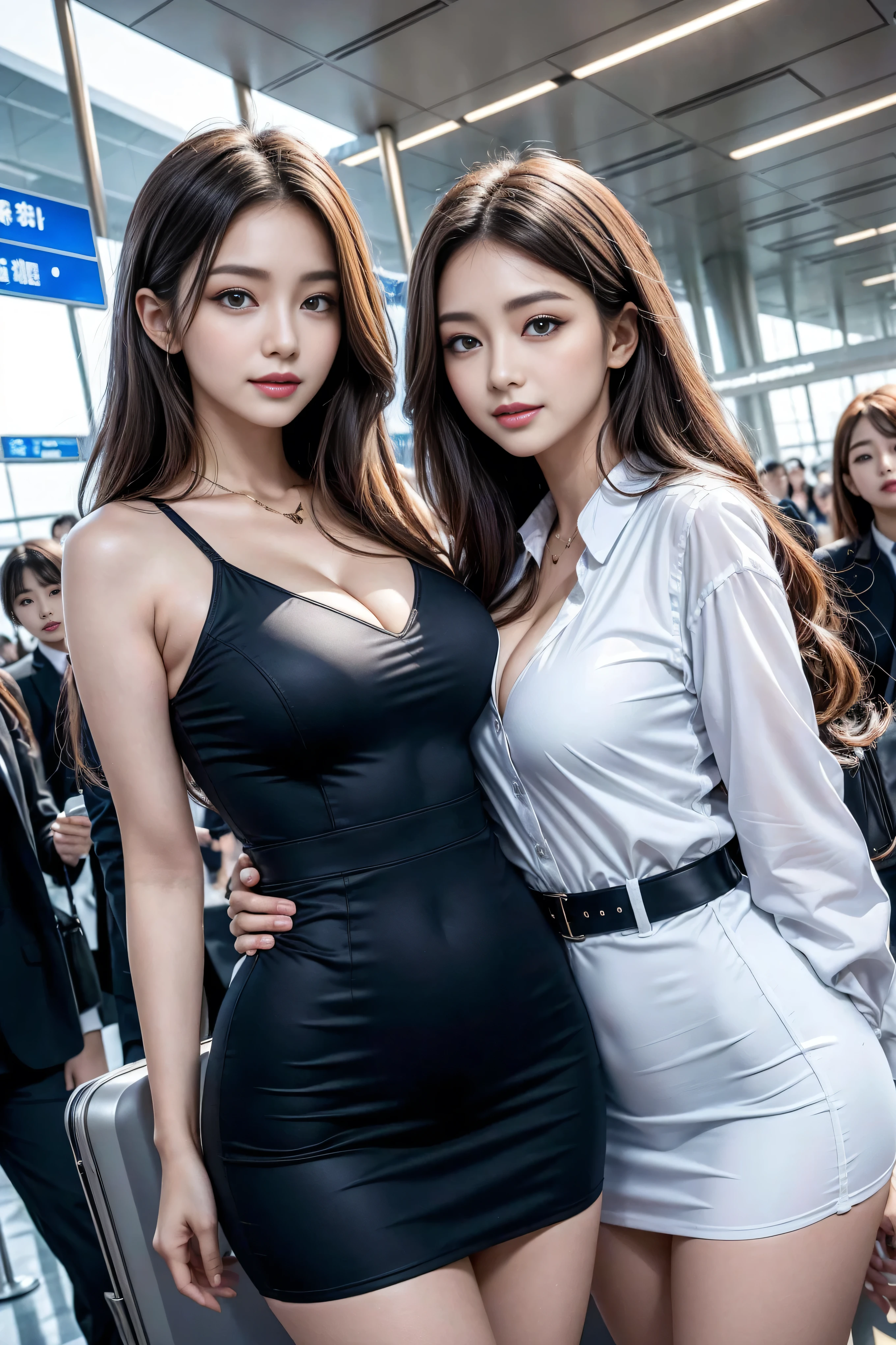 ((Top Quality, 8K, Masterpiece: 1.3)), Sharp Focus: 1.2, Perfect Style, Beautiful, ((Laugh with Open Mouth: 1.8, Cute Smile: 1.8)), the most famous beautiful two sisters in the world, waist constriction, beautiful legs, taut skin, very detailed face and skin texture, detailed eyes, double eyelids, pale cheeks, healthy skin, (layered hairstyle, dark brown hair), (exposed breasts), ( (disheveled clothes and hair: 1.3)), (elegant flight attendant uniform: 1.8), (large breasts), (natural breasts, natural cleavage), (in an incredibly crowded plane)), from below, ((blushing violently: 1.8)),