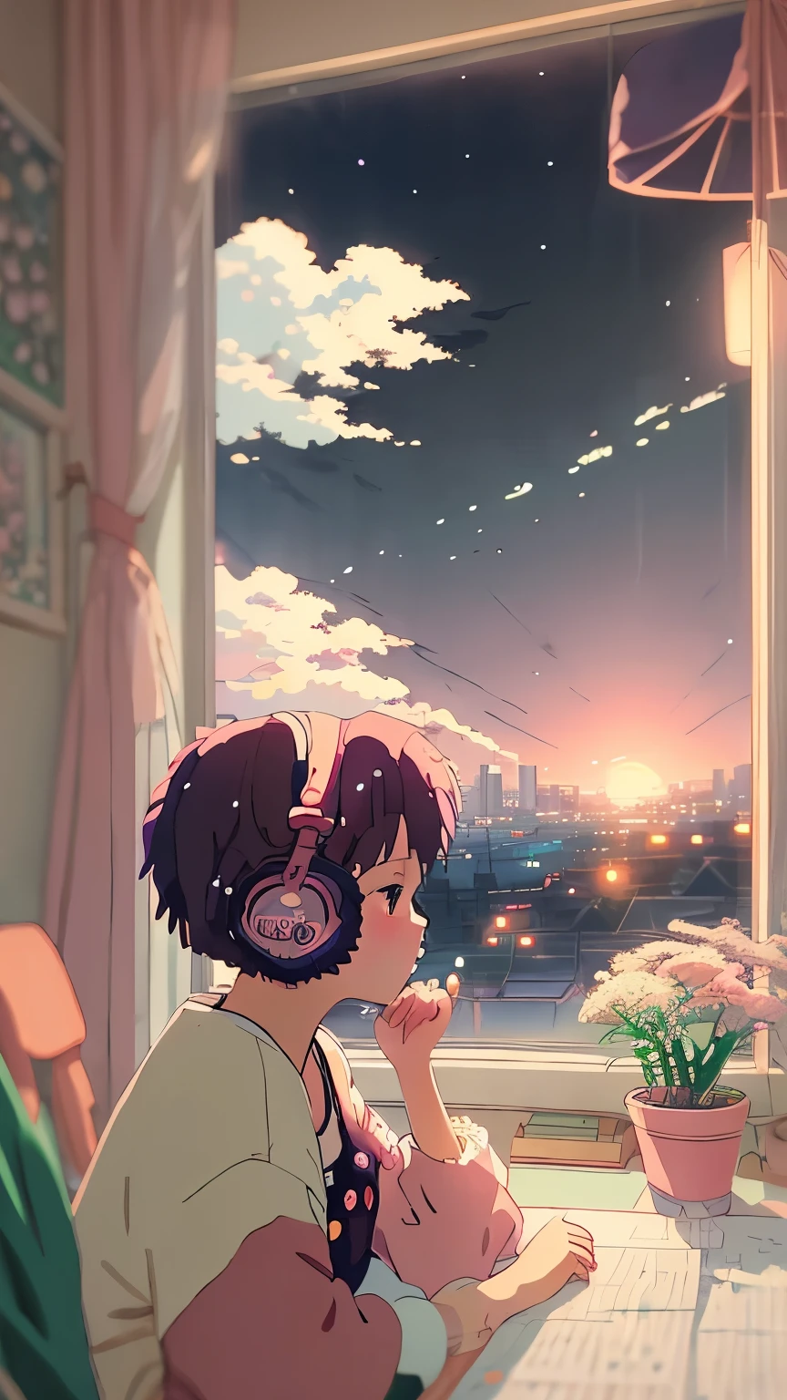 anime style, (dreamlikeart by Brandon Werfel), (soft focus), Cozy room setting, girl with headphones, [(Lofi Beat:1.3)|ambient music], (Anime Art), [(Cherry Blossoms|Bookshelf:0.5)], [Reflective surface:0.8], [(pastel colors:1.2)|Calm Colors], [(attention to detail:1.1)], [Illustration:0.7], [(studio Ghibli style:1.4)], (anime character design), [Window Light], [(Satoru Shadow:0.9)], [(calm atmosphere:1.2)|calm atmosphere], [(pixiv the popular:1.2)], [(Anime Community Approved:1.1)], [(Anime Expo:1.3)], [Ether Glow], [(eyes:1.1)], [(character Illustration:0.8)], [(Soft Art Style)], [(a nostalgic feeling:1.2)], [(Navy Blue Velour Fabric:0.7)], [(Artistic details:1.1)], [(Melancholy Feeling:1.3)], [( pay attention to clothing details :1.2)], [(Hair flow:1.1)], [(unique headphone design:1.2)], [(Vibrant background elements:1.1)], [(Anime genre:praise:1.4)], [(Popular on DeviantArt:1.1)], [(inspired by Makoto Shinkai:1.2)], [(Cyberpunk Infusion:0.9)], [(rainy day atmosphere:1.2)], [(Subtle blur:1.1)], [( Anime Girl Poses :0.9)], [(Artistic Expression:1.2)], [(Color harmony:1.1)], [(Sad feeling:1.2)], [(Detailed room decoration:1.1)], [(Popular on Artstation:1.1)], [(Illustration challenge entry:1.3)] , 1girl