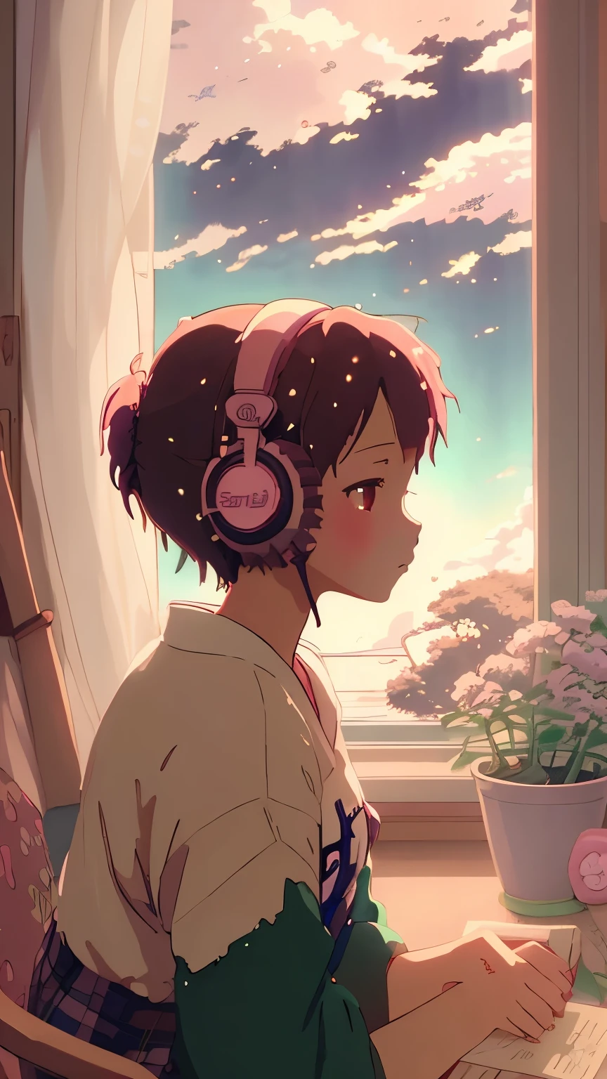 anime style, (dreamlikeart by Brandon Werfel), (soft focus), Cozy room setting, girl with headphones, [(Lofi Beat:1.3)|ambient music], (Anime Art), [(Cherry Blossoms|Bookshelf:0.5)], [Reflective surface:0.8], [(pastel colors:1.2)|Calm Colors], [(attention to detail:1.1)], [Illustration:0.7], [(studio Ghibli style:1.4)], (anime character design), [Window Light], [(Satoru Shadow:0.9)], [(calm atmosphere:1.2)|calm atmosphere], [(pixiv the popular:1.2)], [(Anime Community Approved:1.1)], [(Anime Expo:1.3)], [Ether Glow], [(eyes:1.1)], [(character Illustration:0.8)], [(Soft Art Style)], [(a nostalgic feeling:1.2)], [(Navy Blue Velour Fabric:0.7)], [(Artistic details:1.1)], [(Melancholy Feeling:1.3)], [( pay attention to clothing details :1.2)], [(Hair flow:1.1)], [(unique headphone design:1.2)], [(Vibrant background elements:1.1)], [(Anime genre:praise:1.4)], [(Popular on DeviantArt:1.1)], [(inspired by Makoto Shinkai:1.2)], [(Cyberpunk Infusion:0.9)], [(rainy day atmosphere:1.2)], [(Subtle blur:1.1)], [( Anime Girl Poses :0.9)], [(Artistic Expression:1.2)], [(Color harmony:1.1)], [(Sad feeling:1.2)], [(Detailed room decoration:1.1)], [(Popular on Artstation:1.1)], [(Illustration challenge entry:1.3)] , 1girl