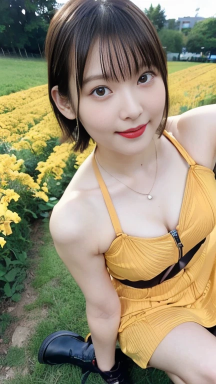 no, Ray tracing, Radio City, Anisotropic filtration, 16,000, best quality, 1 woman, alone, mature, beautiful young woman, ( Tank top, jeans shorts, Gradient long hair, (((Standing under a big tree with the sunlight shining through.)))、sunset、((big breasts)) 、Knee crawling (((Shot from below. Shot from an elevated angle. Shot from the ground.))) , realistic lighting, backlighting, light on face, ray trace, Sunset light filters through light particles, lens flare, Fine dust reflected in light