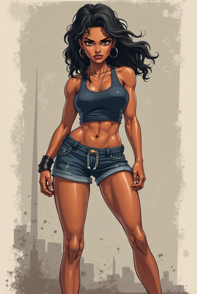 Only a black girl, ebony skin. purple long hair.  Green eyes.  Slender, athletic and elegant build. Dirty and worn jeans. white tank top and a jacket tied at the waist. Amazing stunningly beautiful, most beautiful women ever. Busty. Comic style. Marvel comics