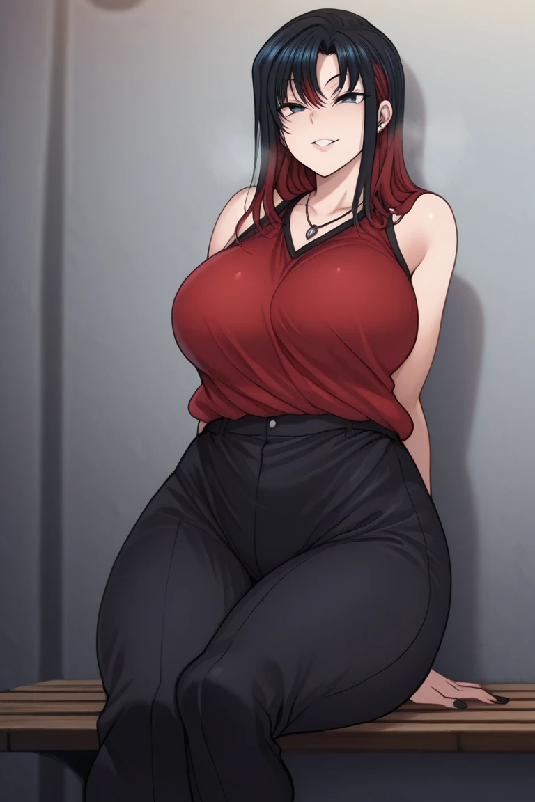 anime woman, milf, large breasts, red hair, tight leggings white shirt cleavage seductive face