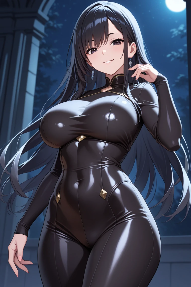 professional artwork, Intricate Details, field of view, sharp focus, detailed painting, photorealistic lighting, trending on pixiv,(masterpiece:1.0),(best_quality:1.0), ultra high res, ultra-detailed, photography, 8K, HDR, highres, absurdres:1.2, Kodak portra 400, film grain, sharp focus, bokeh:1.2, lens flare, (vibrant_color:1.2), (((indoors, dark night district))), Annerose, 1girl, female mature, black hair, long hair, (yellow eyes), large breasts, bikini, higheels, skin tight, hair intakes, (solo:1.4), (upper body, half body shot, covered breasts, side boobs), cheerful smile,