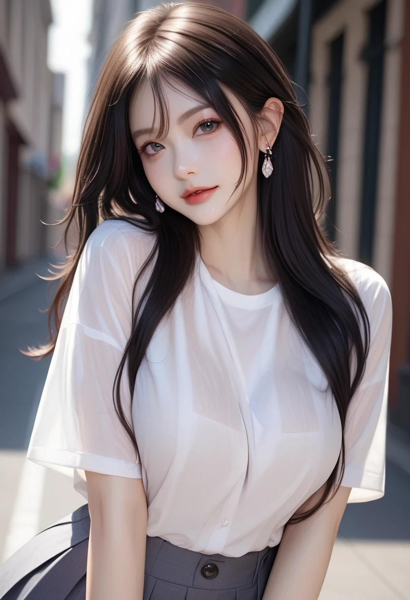 Create an image of a stylized anime character. The character has long, straight hair and sharp gray eyes. They are standing confidently, wearing a loose white unbutton long shirt. Big breasts, slim waist, big butts, bare thights, bare lower body, no pants, no skirt, no pantie. The character has a playful yet slightly mischievous expression. Their legs are slender, and they are wearing simple white sneakers. The background should be soft and pastel-colored to enhance the character's features