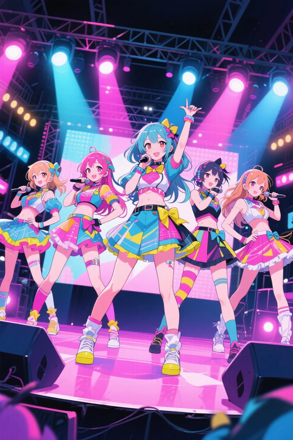 5 girls, idol group, (jumping), closed eyes, (smiling) (holding hands), raising hands in the air, short pink hair, long yellow pony tail, long light green hair, long red twintail, long blue hair, idol costume, big smile, (colouful concert stage view), ultrasharp, 8K, masterpiece