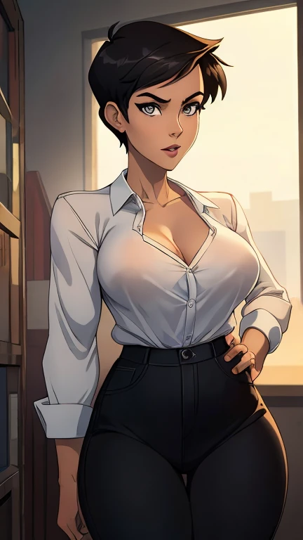 high quality, High resolution, (full shot:1.8), 4K quality, The best high quality masterpiece, business suit, (heavy makeup), Blurred city background at sunrise, bun hair, black hair, detailed face, big breast, short skirt, garter belt and black stockings,