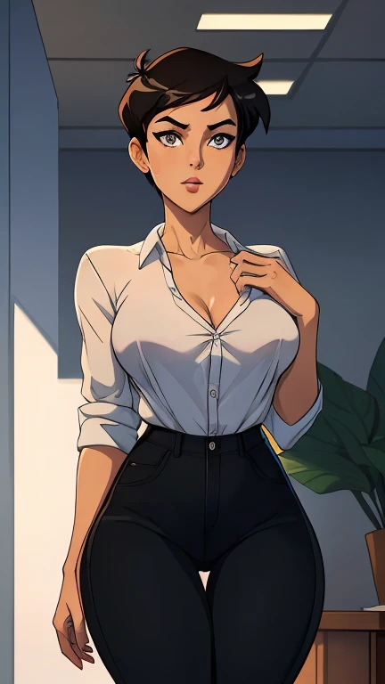 (masterpiece), best quality, expressive eyes, perfect face, perfect lighting, extreme detail, 8k, expressive eyes, perfect face, black hair, short curly black hair, short back wavy hair, (small ), perky , white mini skirt, blue button down shirt with cleavage, dressing room, countryside, standing with legs together and arms by her side, shy, embarrassed, high heels, alone, ager, alone, hoop earrings, blushing, blue button down shirt, white mini skirt, white skirt, WOMAN, white business suit with blue button up shirt, sexy office secretary, view from behind, perfect as with thong, perfect as with g string, (detailed eyes)