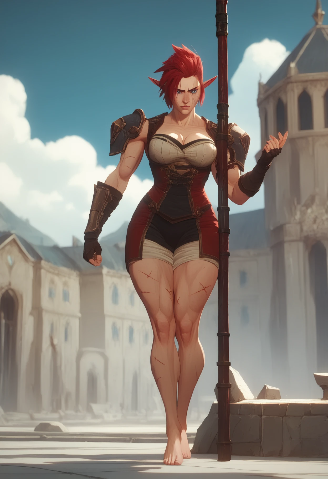(plain background, 8k, best quality, masterpiece, realistic, photo-realistic:1.37) (full body height standing straight symmetrical contrapposto) (looking at viewer) 2legs apart (wide stance) ultra detailed, 1solo cute girl (beautiful detailed eyes) (smile:1.2) ((red cheeks, red eyes, red tank top, red thong, red gloves gauntlets, red stockings thighs))
