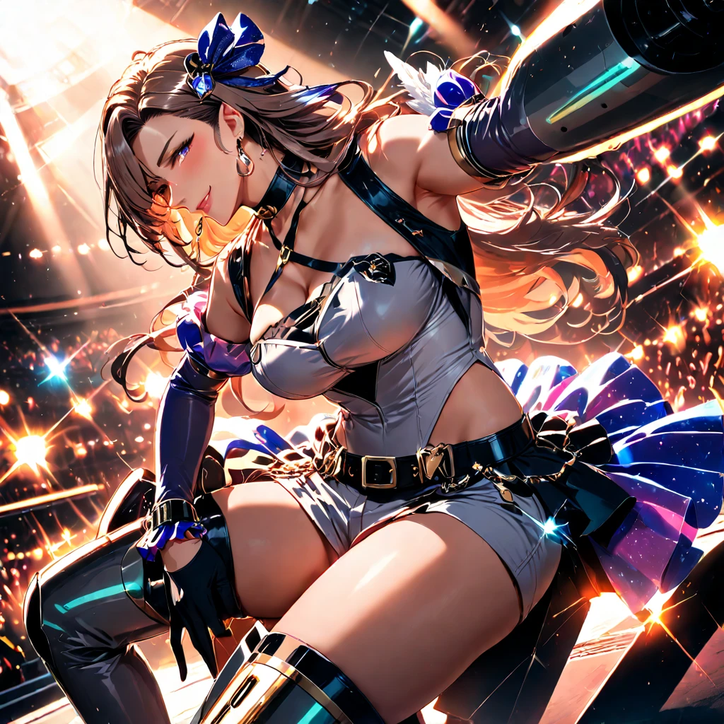masutepiece, Best Quality, close up of face, maruzensky \(Umamusume\), red thighhighs,Leotard、The background is professional wrestling、is standing、Facing the front、full-body view