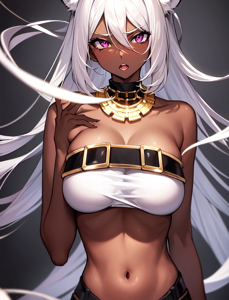 Long white hair, dark skin, lingerie, invitation pose, sexy pose, looking at viewer, big tits, showing armpit