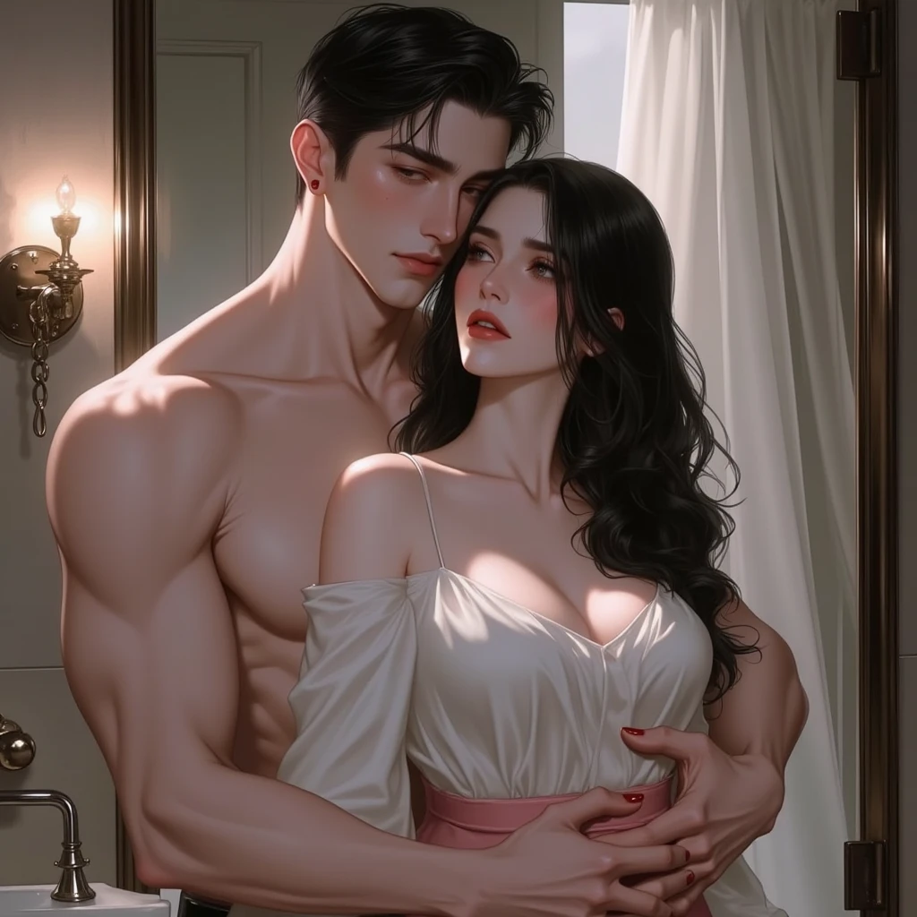 Painting of a shirtless man and woman sitting on a chair., Roberto Ferry and Ruean Jia, Couple pose, Ruan Jia and Joao Ruas, high quality fanart, by Shen Zhou, Rob Rey and Kentareõ Miura Style, By Pinchus Kremegne, By Max Buri, Gesture study, Commission for high resolution, By Ni Yuanlu