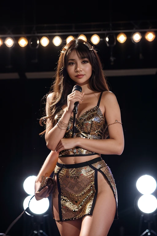 Rock Girl、((Realistic Light, Highest quality, 8K, masterpiece :1.3)), Frank, One girl, Beautiful woman with perfect figure :1.4, uhd.Super detailed description、Supermodel proportions、Take to the stage、Show off as much skin as possible、Silk clothing、The best stage、stir up the audience、active random pose、Sing to the viewer、