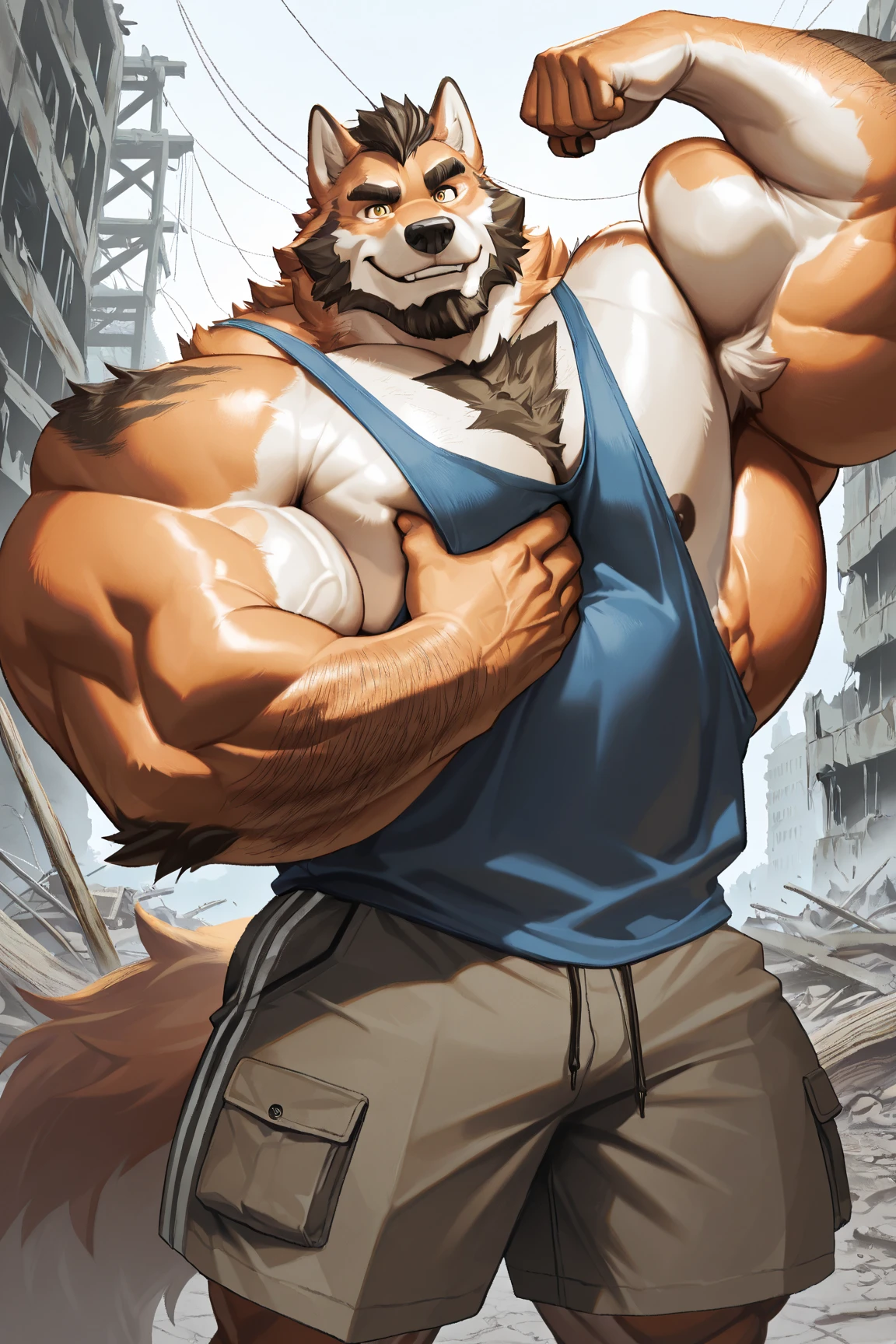 solo, 1boy, Huge Muscular Old grizzly bear wearing boxing belt , pectoral, thick arms, huge pectoral, wide pectoral, short white hair, huge brown fur, boxing shorts and shirtless, bearded, simple background, masterpiece, semirealistic:1.2, high detailed, 8k, high resolution