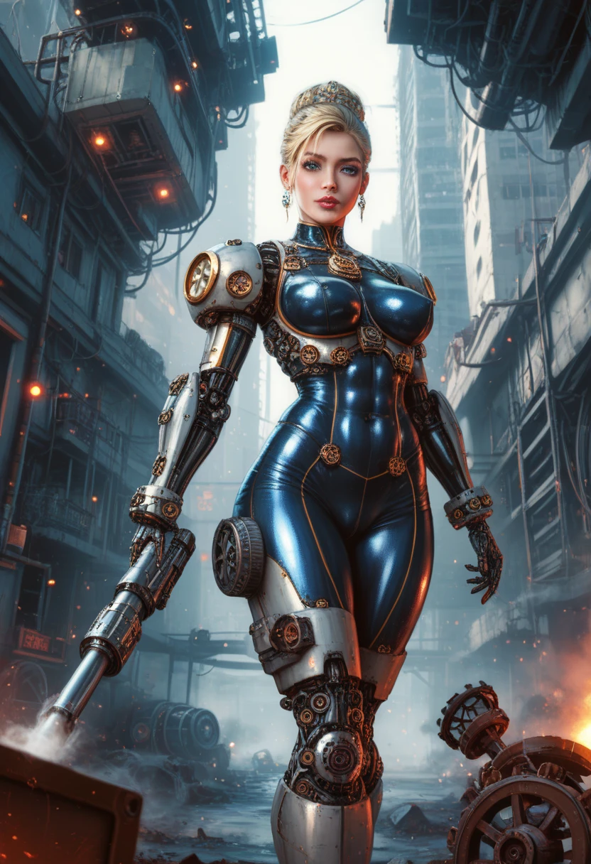 (Steampunk)(cybernetic Assassin woman (M_Monroe), 2 obviously steam driven limbs, seductive infiltration suit, big gun), airships berthed in drydock in background