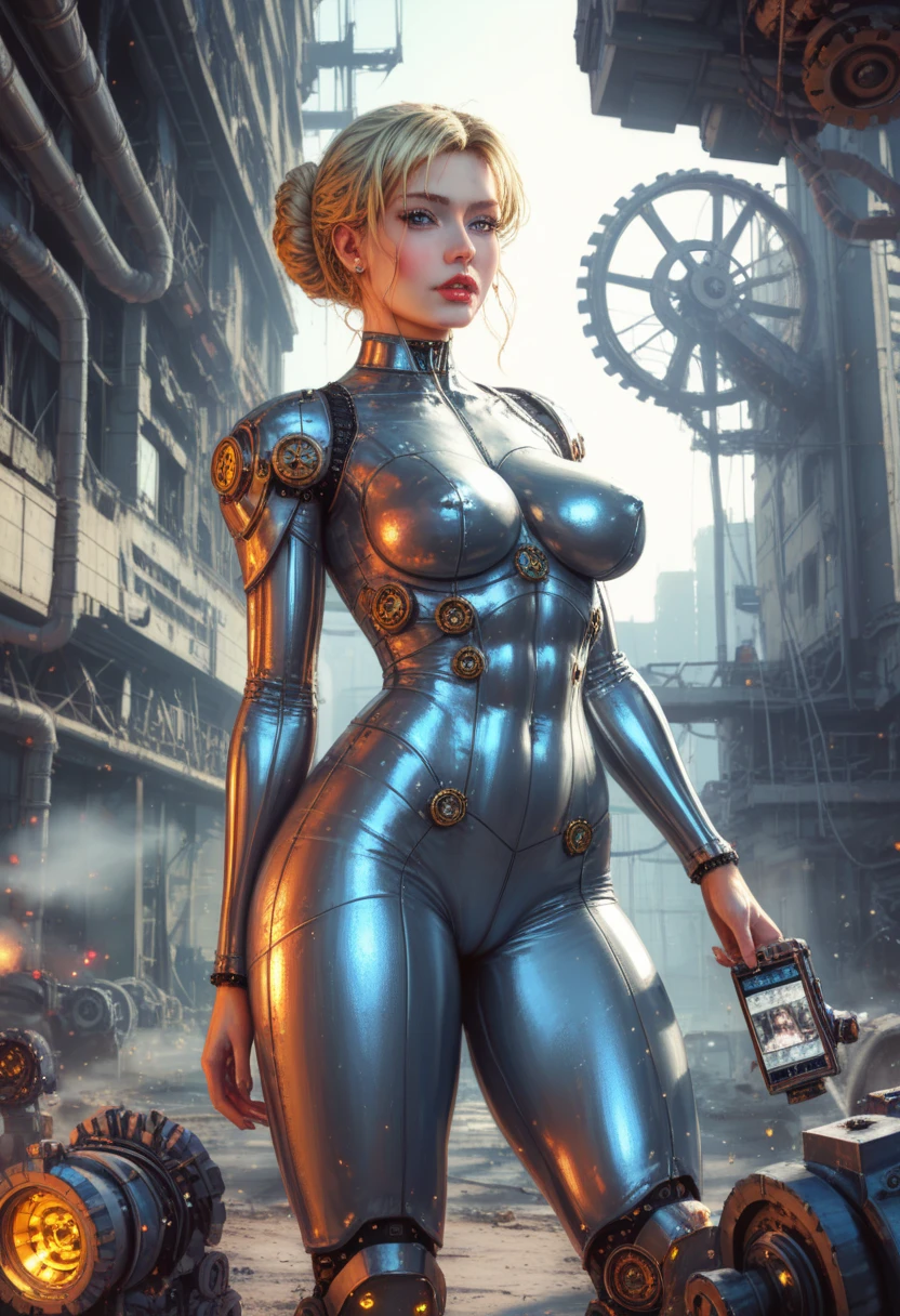 extremely beautiful, female clockwork cyborg, long blonde hair, perky breasts, cleavage, arms and legs made of wood, with exsposed clockwork gears, Wide Smile, Eyes Detailed & Wide, sexy Pose. Ultra HD, Rococo-Inspired Fantasy Art With Intricate Details. Cute, Charming Expression, Alluring-Gaze, looking at viewer Beautiful Eyes, An-Ideal-Figure. Large Youthful Well-Shaped-Breasts, . Massive-Round-Bosom, Décolletage. slim waist, fit body, full lipsWarm lights, sexy shots, attractive poses,Stunnin gly beautiful merge of , Alison Brie, Scarlett Johanson, Dove Cameron. symmetrical face, photorealistic, photography, path tracing, specular lighting, volumetric face light, path traced hairmaximum quality{(masutepiece) (8K High Resolution) (top-quality)