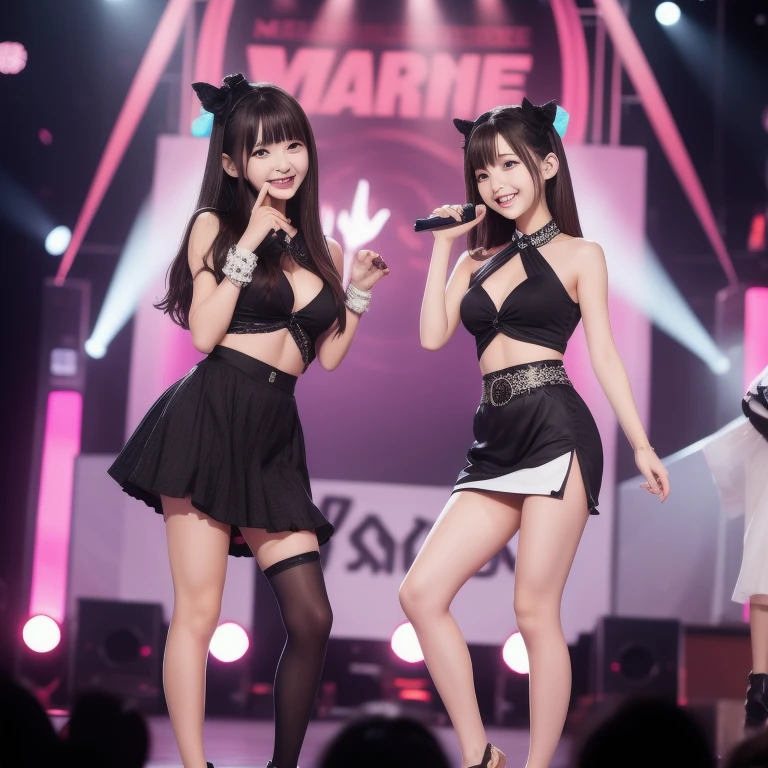 Highest quality，masterpiece，Very detailed, 8K，Beautiful 27 year old Japanese woman:1.5, Small face, blunt bangs, Breast Augmentation Surgery, (Detailed black K-pop idol outfit:1.5), Very detailedな臭い脇の下、　Live Stage、　height:164cm、　Dancing Alone