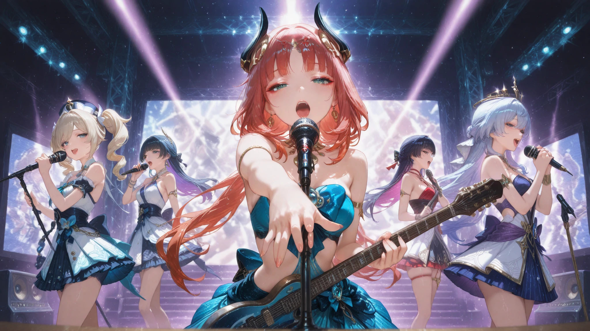 barbara, junjin, nilou (genshin impact) quinteto of Japanese idols, with a playful expression. the woman, who appears to be in her lates or early twenties, 5 female singers with flashy outfits and colorful hair singing, looking directly at the viewer, her body is slim, on the right side of the image, a hand is reaching out towards the viewer,LED strip lights, 3girls, unrivaled beauty, gradient hair, colored inner hair, skindentation, microphone stand,  makeup, multicolored hair, singing. robin (honkai: star rail) and astra yao (zenless zone zero )  Two women play guitar, she is facing the viewer with a neutral expression, and her eyes are looking directly at the viewer, her body is slim, on the right side of the image,  holding guitar,