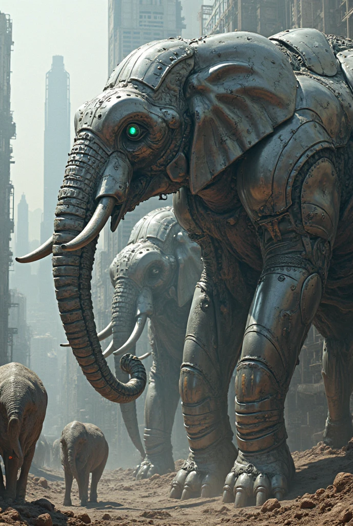 there are many people standing in front of a giant robot, beautiful render of a fairytale, post - apocalyptic city streets, inspired by Hans Eduard von Berlepsch-Valendas, the best of elephants, from netflix's arcane, style of dali, prehistory, movie screencap, discord --auto --s2