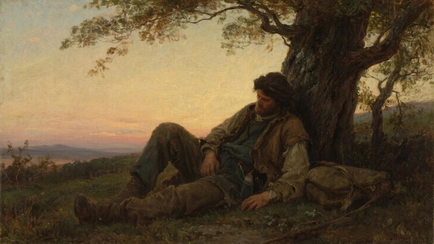painting of a crime scene, sun shining, man sitting tiredly on fallen tree near village house, his face and hands covered in blood, axe with Scandinavian handle, grass all around covered in blood, dark atmosphere, cinematic scene, volumetric lights, ultra realistic, in the style of nicola samori