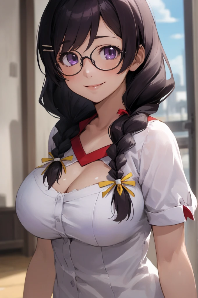 high resolution, Photo of a beautiful woman detailed_face, young handsome girl,realistic:0.5, perfect skin, (wearing a glasses:1.5), (ultra-detailed background, detailed background), bokeh, make happy expressions, happy emotion, gorgeous,pure, beautyfull detailed face and eyes,breasts, (blue eyes:1.1), (Audrey Hepburn:1.3), (a extremely pretty and beautiful Japanese woman), (sexy girl), (professional attire:1.3), (22 years old: 1.1), BREAK, (miko outfit:1.2), (white dogi:1.2), (red hakama:1.2), (leather boots))), cleavage, beautiful detailed skin, (cute:1.2), (blonde hair), ((jpop idol)), (upper thigh:0.6), (depth of field),soft light, Lens Glow looking at viewer, (Drooping eyes:1.2), straight teeth,smile, floating hair, (light purple hair:1.2), light blue eyes BREAK movie scene, cinematic, full colors, 4k, 8k, 16k, RAW photo, masterpiece, professionally color graded, professional photography, high school girl, hair up, , soft clean focus, realistic lighting and shading, (an extremely delicate and beautiful art)1.3, elegant,active angle,dynamism pose BREAK (ponytail:1.3), (shiny-black thin hair:1.2), bangs, light blue eyes, beautiful eyes, princess eyes, (big eyes:1.3), bangs, wearing a glasses:1.3, Hair between eyes, short hair:1.3, (slender:1.1), (big-breasts:0.95), (thin waist: 1.15), (detailed beautiful girl: 1.4), Parted lips, Red lips, full-make-up face, (shiny skin), ((Perfect Female Body)), (upper body image:1.3), Perfect Anatomy, Perfect Proportions, (most beautiful Korean actress face:1.3, extremely cute and beautiful Japanese actress face:1.3), ,(1glasses girl:1.3, solo), ,(blush:1.1), gray background, solo focus, (bust shot:1.2), cinematic light, (nostalgic night scene:1.4), (aquariums:1.4), (In front of the giant aquarium in the aquarium:1.3), Huge sink、Marine life、shark、blue whale、manta ray、 (arms behind back :1.4), (looking at viewer:1.2,((((purple ponytail hair))),((((red glasses)))),(((black collar))))