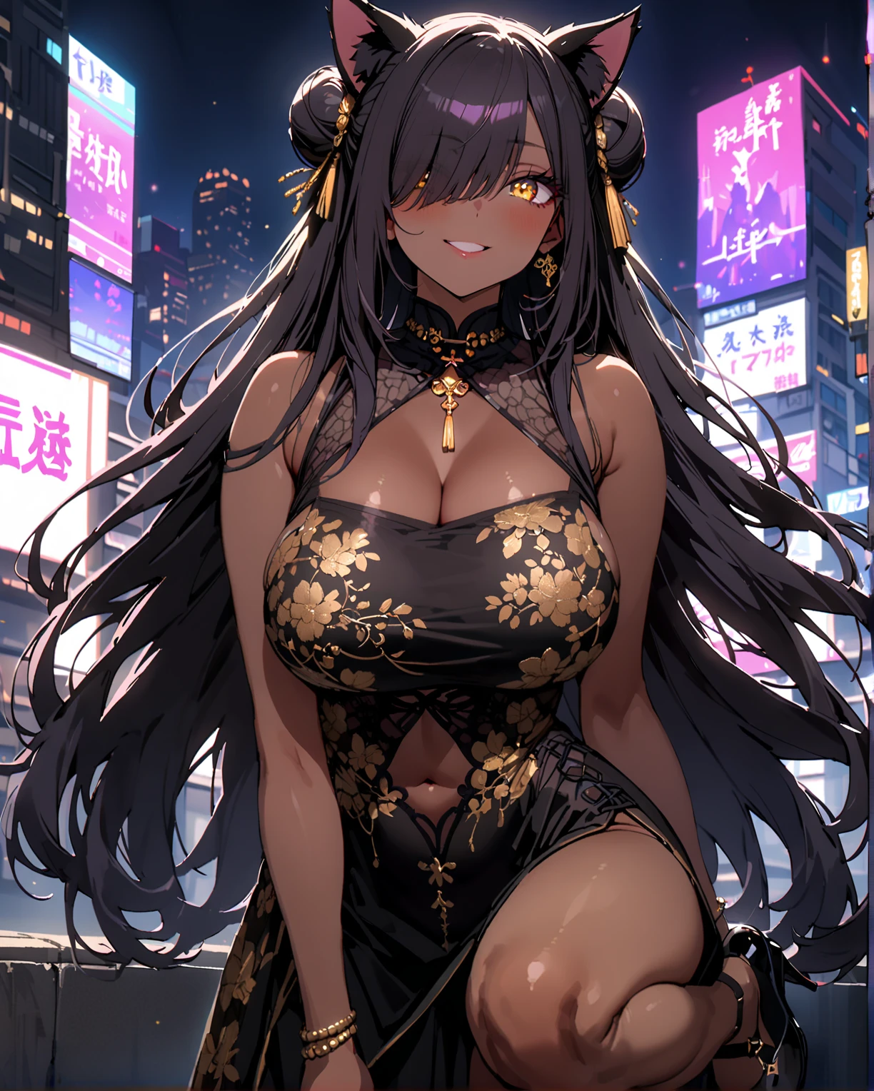 One Woman、Black、African American、Afro Hair、Curly Hair、Black Hair、Dark Skin、Golden Eyes、Thick lips、Big Mouth、Smiling、Completely naked、No clothes、(Ample pubic hair、Thick pubic hair)、Big Breasts、Huge breasts、Areola、Nipples、blush、Pussy、Love juice、Are standing、hide your chest with one hand、Hide your crotch with one hand、Upper Body、night、Dark Room、Western-style building、