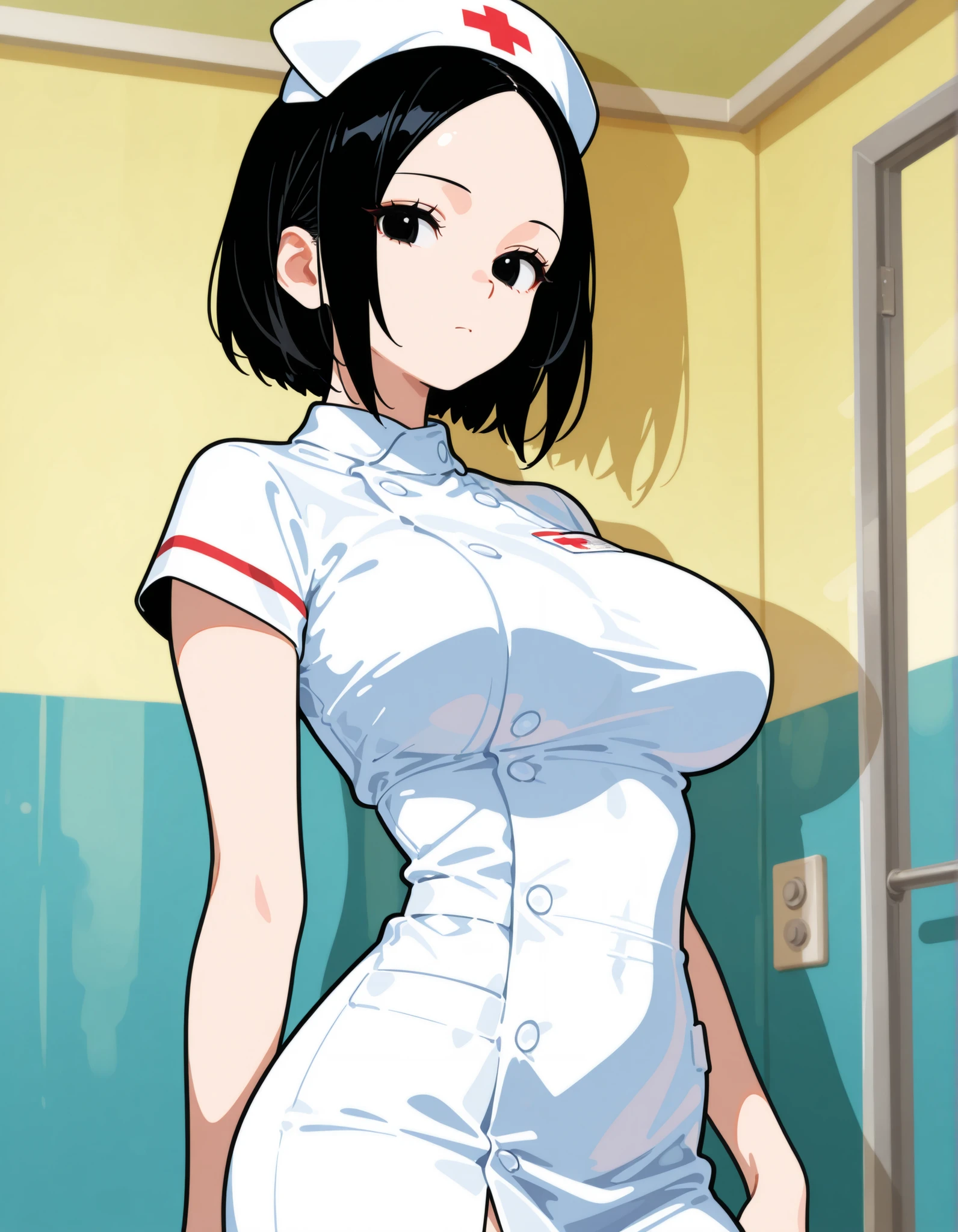 komi_shouko, anime girl with really big boobs wearing a button up nurse coat but all the buttons are unbuttoned showing her really big and nipples