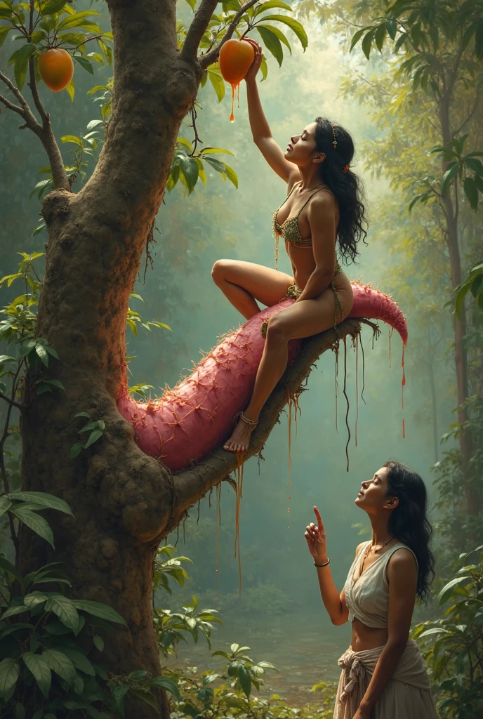 A naked woman entangled with roots on a tree, body covered in roots leaf, entangled in tree, hands and legs entangled with roots, roots leaf covered her body, beautiful woman, big breasts, legs open showing pussy, large groots fucking her vagina, large tree groot piercing her vagina, tree groot in pussy, wet vagina, sensual body, big breasts, short wavy hair, beautiful Asian woman, jav idol actress, tied up in tree, late night, sunset, sky mountains background, very realistic, very realistic,