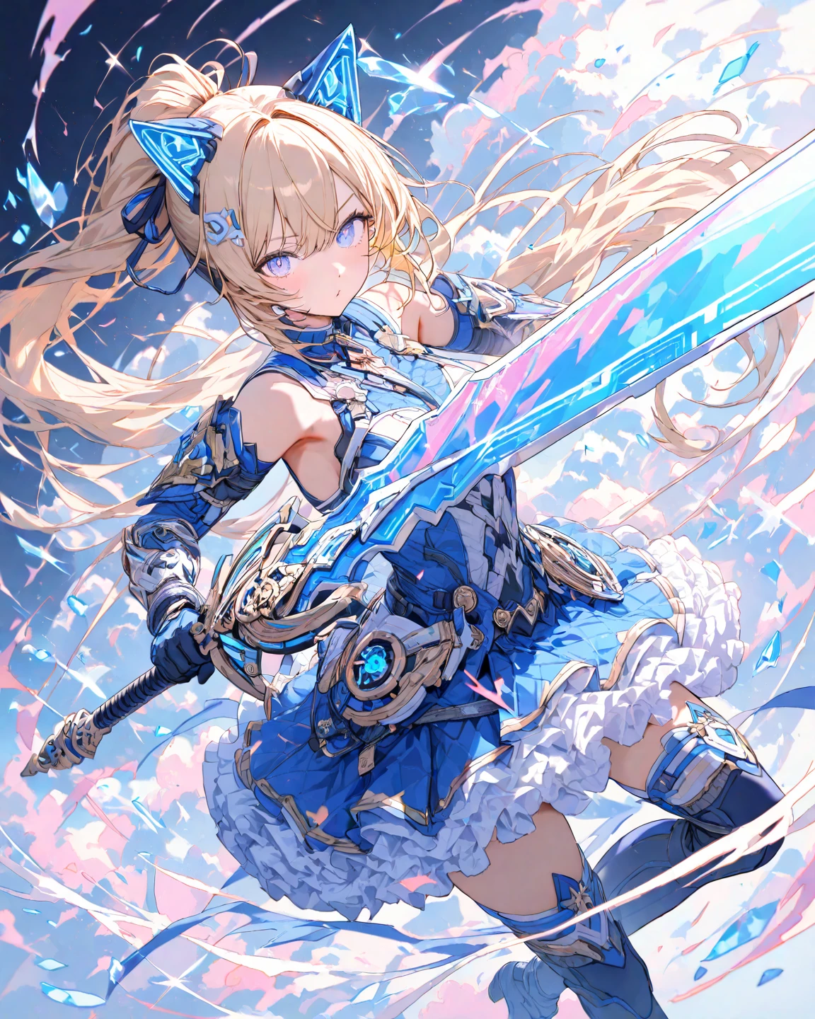 Highest quality, Super quality, 16K, Incredibly absurd, Very detailed, 2.5D, delicate and dynamic, Delicate facial depiction, Delicate eye depiction, Delicate depiction of hair, miniature painting, Small faint lights and flying fireflies, night, Starry Sky, milky way, nebula, shooting star, Flowers, birds, wind and moon, Floating castle in the sky, erotic, sole sexy lady, healthy shaped body, 22 years old lady, Asura, 170cm tall, huge firm bouncing busts, sexy long legs, garter belt, metal legs armor, Break, Big Blue Eyes, Holding a large, colorful holy sword, full body metal armor, Complicated armor, Brightly colored armor,