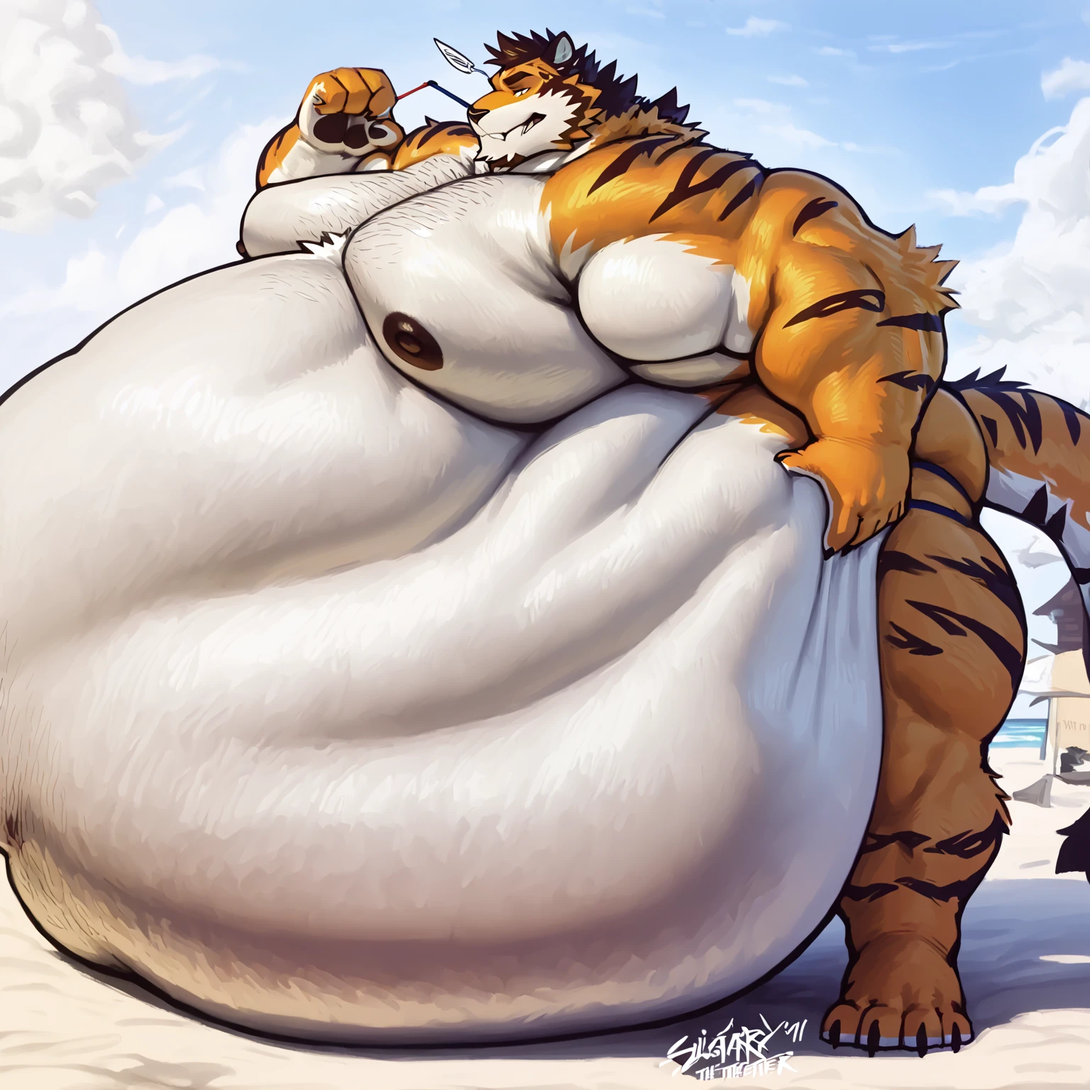 ( masterpiece, best quality, a morbidly obese anthro tiger boy sitting on the floor in a large test chamber, test chamber, ((impossibly obese, blob, immobile,)), fat obese, tiger, tail,flat chest, masculine chest, huge belly, wide hips, (fatfur), hyper fat, (enormous), (((obese))), blob, ((fat rolls, rolls,)), ((hyper obese)), furry,, in bed, immobile, ((too fat to move)), (lying in bed), strechmarks,megafat, furry, fat, obese,fat_rolls, soft, obese, weight_gain, fattening, tube, tube in mouth, feeding hose, hose, orange fur,:1.3), crisp vibrant detailed soft painterly digital art, volumetric lighting, natural lighting, realistic lighting, vibrant colors, crisp oil painting, painterly realism, depth of field, subtle soft details, vivid, fresh, striking, by chunie, by darkgem, by honovy, by zaush, by anhes, by puinkey, by caraid, by dagasi, by taranfiddler, by atey ghailan, by MilletGustave, by Curbet, Charlie Bowater, lol art