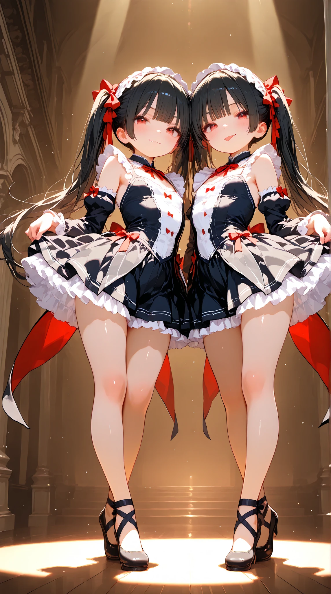 [(White background:1.5)::5], (Bottle Bottom:0.9), 1 girl, mid-shot, Full body,White hair,Black Dress,Red bow,Black shoes,brue eyes,Long legs,Streitleg,Black legwear,