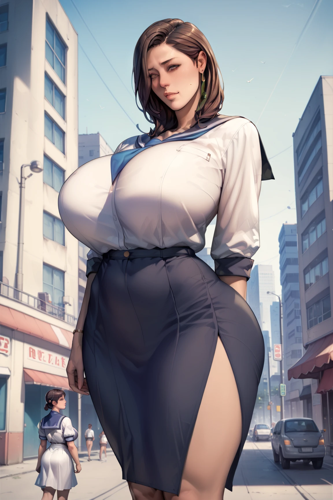 masterpiece, Highest quality, 8K, Young and beautiful girl, smile, Baby Face、(Clothed Huge breasts, Huge breasts), (The lower half is naked), Cute face, avert your eyes, Residential Street, Lips parted, No makeup, 10 generations, Detailed face, Background blur、(())、whole body, Running wariza, Between the legs,Opening his jacket Very thick pubic hair Outdoor