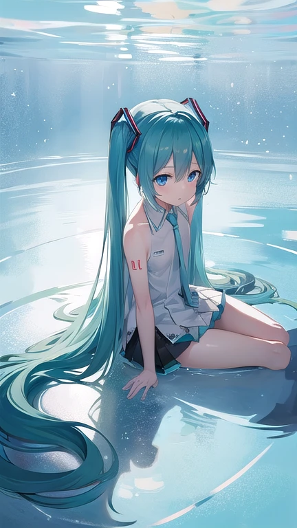 (best quality, masterpiece, high resolution, ultra detailed, illustration, detailed skin, intricate eyes, perfect anatomy, detailed face:1.2), (solo, hatsune miku:1.5), (pretty face, short stature), BREAK (cry, tearful, water surface, see through, looking up, clenched hand:1.6), (arms up, floats, from above, lying on back in water surface:1.8), BREAK (solid white blouse with blue edge, solid white sleeveless clothe with blue edge, solid white collar), BREAK (black pleated skirt, skirt hem blue), BREAK (panty shot, fully exposed panties, blue stripes panties, intricate panties:1.4), BREAK (flat chest:1.2), (thick thighs:1.3)