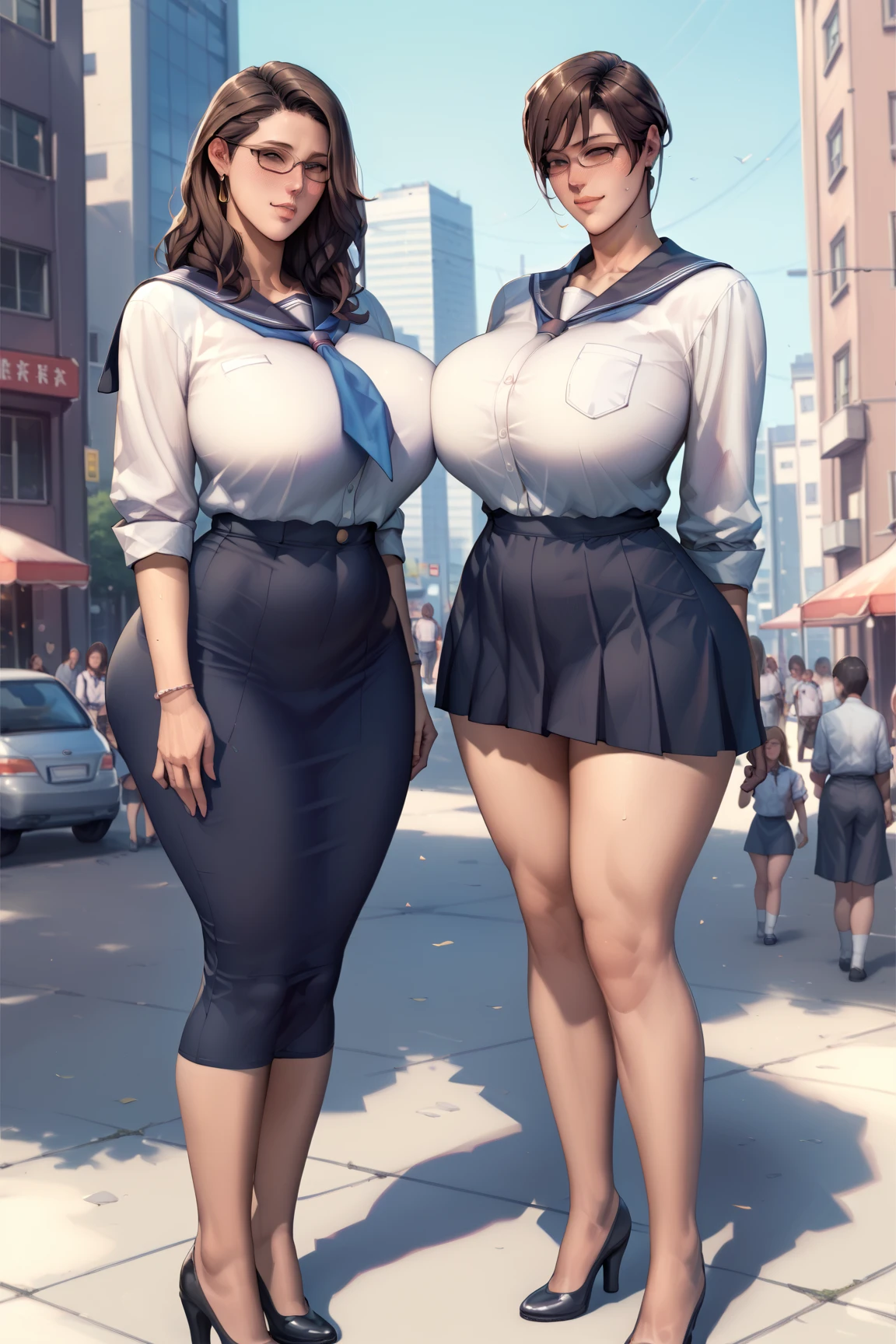 girl with shirt, overalls skirt, massive long wide fat breasts, deep cleavage, cityscape, flirtatious look, ((very detailed)), (perfectly detailed face), (well detailed hand) photorealistic image, plump chubby belly, very wide hips, thick plump thighs, massive plump fat wide round ass, mature mother, plump motherly body, plus size model,