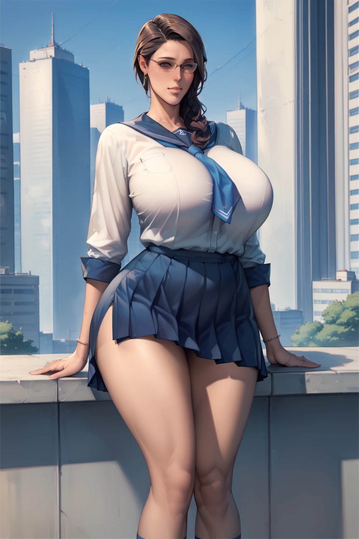 4K Quality, outside, grinning, sexy pose, dark blue plaid miniskirt, wide hips, hand on hip, (dark skinned), thick thighs, big breasted, big ass, looking at viewer, braided hair, amber eyes, night time, bedroom eyes dy, city background, pale lipstick, pretty eyes, dim lights, thick thighs, cute smile, 

