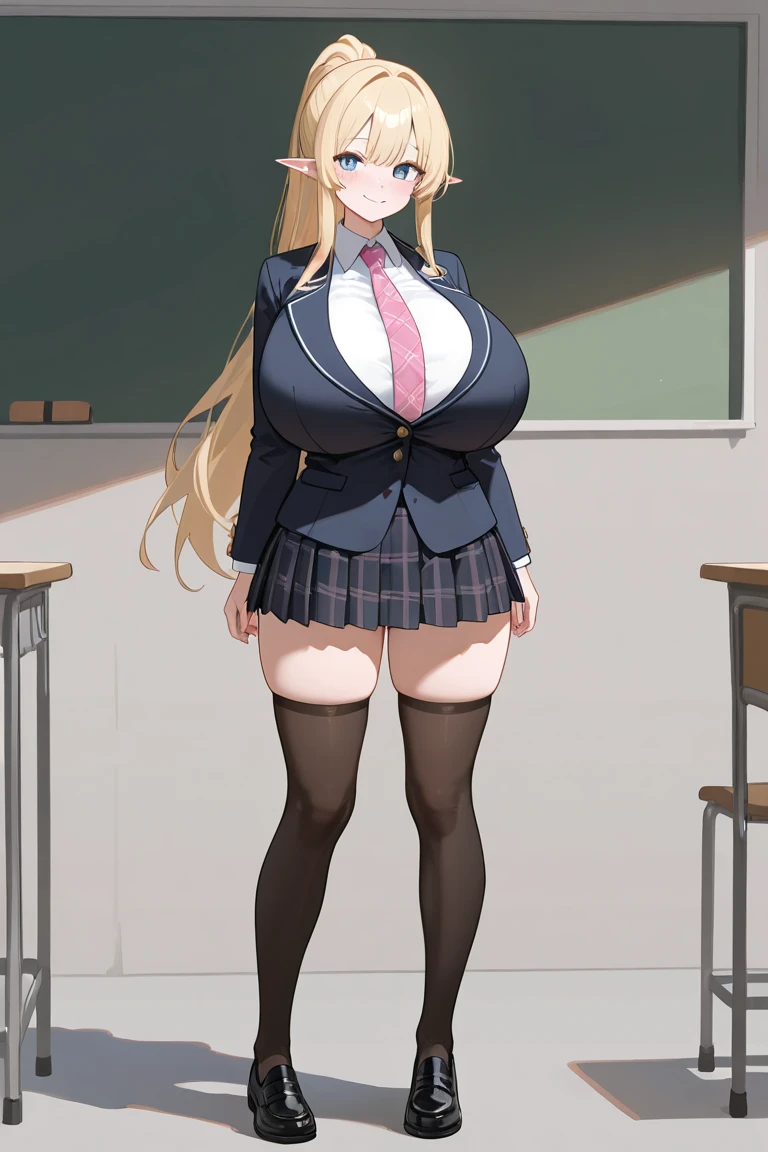 (best quality:1.5, highres, UHD, 4K, detailed lighting, shaders), blonde straight hair, large breasts, crotch, thighs, sexy, erotic, lewd, seductive, ecchi, hentai, beautiful, smiling, school uniform, cleavage, skirt, stockings, standing, close shot, classroom background, perfect body, body goals, gorgeous
