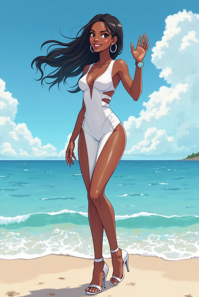 linda mulher morena andando na praia usando biquini preto, cabelos curtos, com chapel de praia amarelo