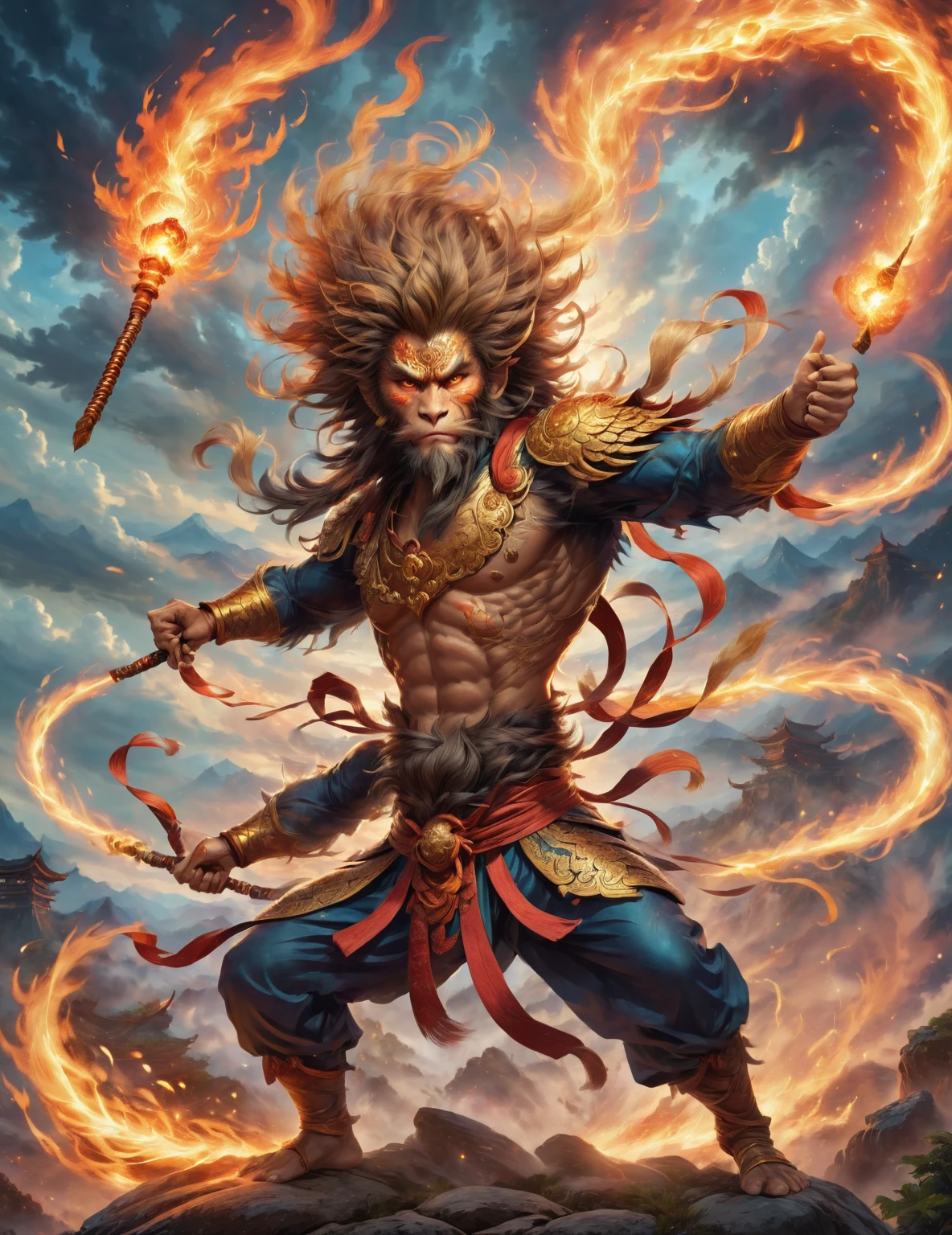 (Monkey King, ([Gold: Red]: 0.4) Mao, ([Heavy Armor: Red Cloak]: 0.4), (One-handed Golden Hoop Stick: 1.2), ([Monkey King | Monkey King]), very domineering, 3D rendering, movie lighting, movie special effects), background doomsday city ruins, clear HD, 8K resolution, very detailed, digital painting, concept art, Shinkai Makoto style, pop popularization trend, pop, pop trend.