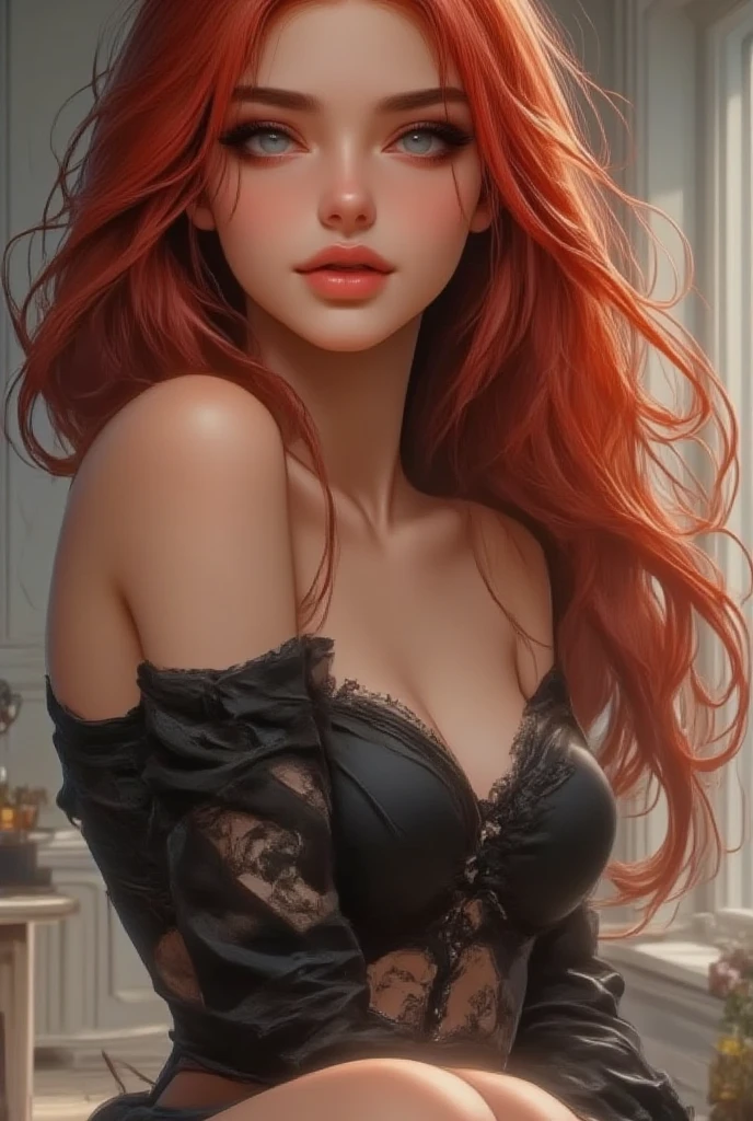 dications Copy Ulzzang there is a red-haired woman posing for a photo, even model |busty, breasts marked in the cleavage, long hair long hair long hair, by the wide artegerm, like artegerm, realist anime 3 d style, realist artstyle, Trends in CGSTATION , obra de arte al estilo de guweiz, 🤤 picture of, Trends in CGSTATION, korean, guweiz, realist. Cheng Yi, estilo artístico anime realist