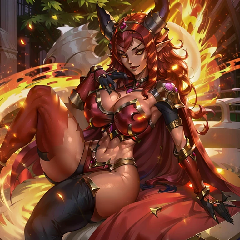 Pyromancer queen, 1girl, Long braided hair, volcano hairband ornament, well endowed animated style, wide hips, perfect face, redhead hair color, (fully , completely nakedmes), evil grin, volcano bracers, jewelry, ice ornate necklace, collarbone, anatomy, symmetrical body paint tattoo, action pose, battle stance, prfm style, double eyelid, smile, holding a Fireball