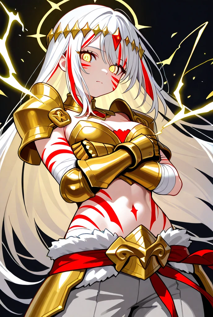 ((((Spear)))), ((Lightning Power)), ((Electricity)), ((Fire Background)), ((Lightning Storm)), ((Power Erupting)),(((android 21))), (((white Coat))), (((Busty))), luxury bustier corset, ((silver hair)), (((Very slim waist))), propotional body, ((Gorgeous)), (((gold wings))), masterpiece, hyperdetail, ambient effect, digital effect, (((FIRE SWORD)), (((Lightning Sword))), (((Fire Gold Armor))), (((Lightning Gold Wings))), ((Fire Demon Horns)) ,((((Golden Spear))))